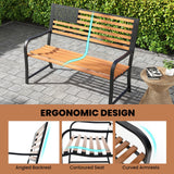 Tangkula 50” Outdoor Garden Bench, 2-Person Metal Patio Chair with Flag Pattern Backrest & Rustic Wood Grain Finish