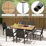 Tangkula 7 Pieces Patio Dining Set with Acacia Wood Dining Table, Rattan Armchairs, Soft Cushions