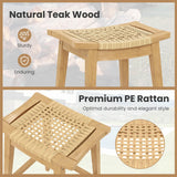 Tangkula 3 Piece Patio Bar Set, Teak Wood Bistro Furniture with Footrest, Round Cocktail Table with 2 Rattan Saddle Stools