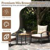 Tangkula 3 Piece Patio Conversation Set, includes 2 Rattan Chairs and Coffee Table, Solid Acacia Wood Armrests & Tabletop