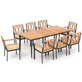 Tangkula 9-Piece Patio Dining Set, Outdoor Acacia Wood Dining Table with 1.9" Umbrella Hole& 8 Dining Chairs with Cross Hollow Back and Seat Cushions