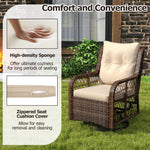 Wicker chair with beige cushion on a grassy area, featuring text about high-density sponge and zippered seat cover.