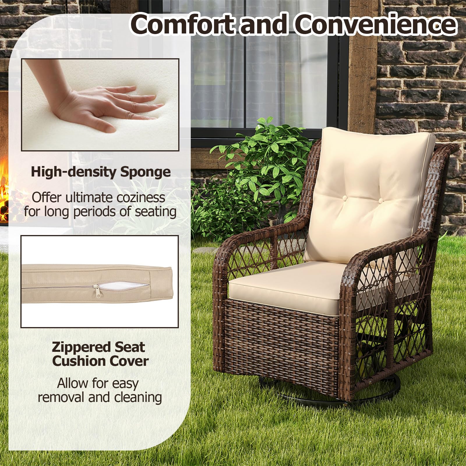 Wicker chair with beige cushion on a grassy area, featuring text about high-density sponge and zippered seat cover.