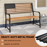 Tangkula 50” Outdoor Garden Bench, 2-Person Metal Patio Chair with Flag Pattern Backrest & Rustic Wood Grain Finish