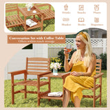 Tangkula Outdoor Patio Loveseat with Table, Wood 2-Seat Conversation Set with Coffee Table and Umbrella Hole