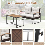 Tangkula 2 Pieces Patio Wicker Furniture Set, Heavy Duty Outdoor Cushioned Loveseat with Acacia Wood Coffee Table