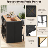 Tangkula 7 Piece Patio Wicker Bar Set, Patiojoy Outdoor Acacia Wood Bar Height Table & 6 Rattan Bar Stool Chairs