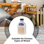 Bottle of Just Teak wood wax oil with images of outdoor and indoor furniture, boat decks, and wood types.