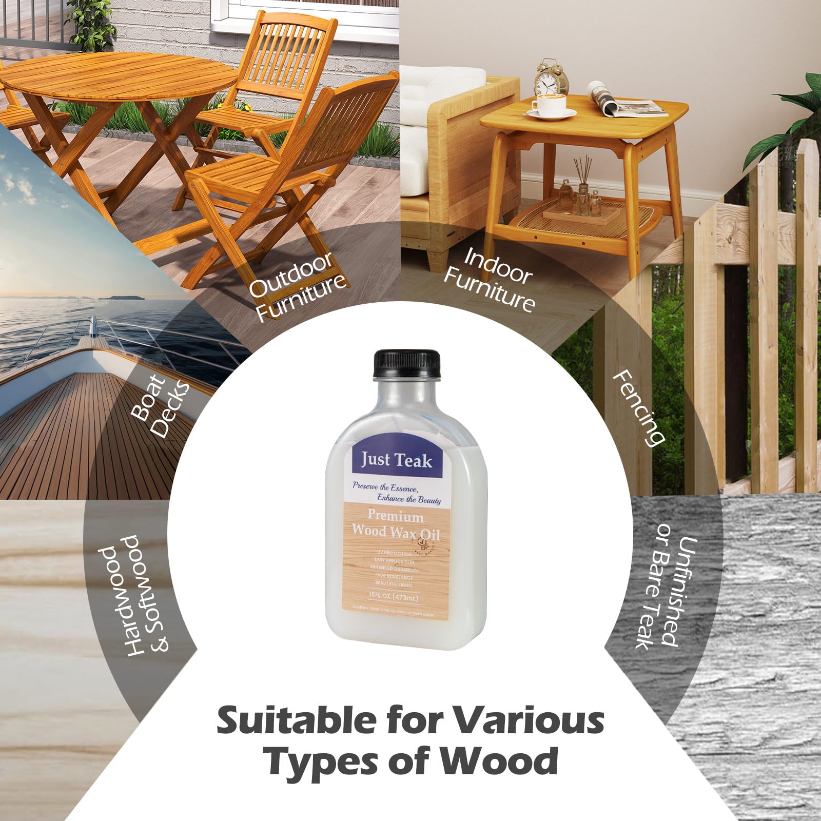 Bottle of Just Teak wood wax oil with images of outdoor and indoor furniture, boat decks, and wood types.