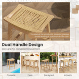 Tangkula 3 Piece Patio Bar Set, Teak Wood Bistro Furniture with Footrest, Round Cocktail Table with 2 Rattan Saddle Stools