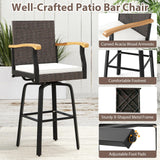 Tangkula Outdoor 360° Swivel Bar Stool with Cushion & Acacia Wood Armrests