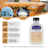 Advertisement for Just Teak wood wax oil with product details and outdoor furniture background.