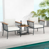 Tangkula 3 Piece Patio Furniture Set, Rattan Chair Set w/ 2-Tier Coffee Table, Acacia Wood Armrests & Tabletop, Soft Seat & Back Cushions