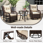 Outdoor furniture set with wicker chairs, table, and cushions on a patio.