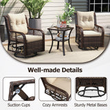 Outdoor furniture set with wicker chairs, table, and cushions on a patio.