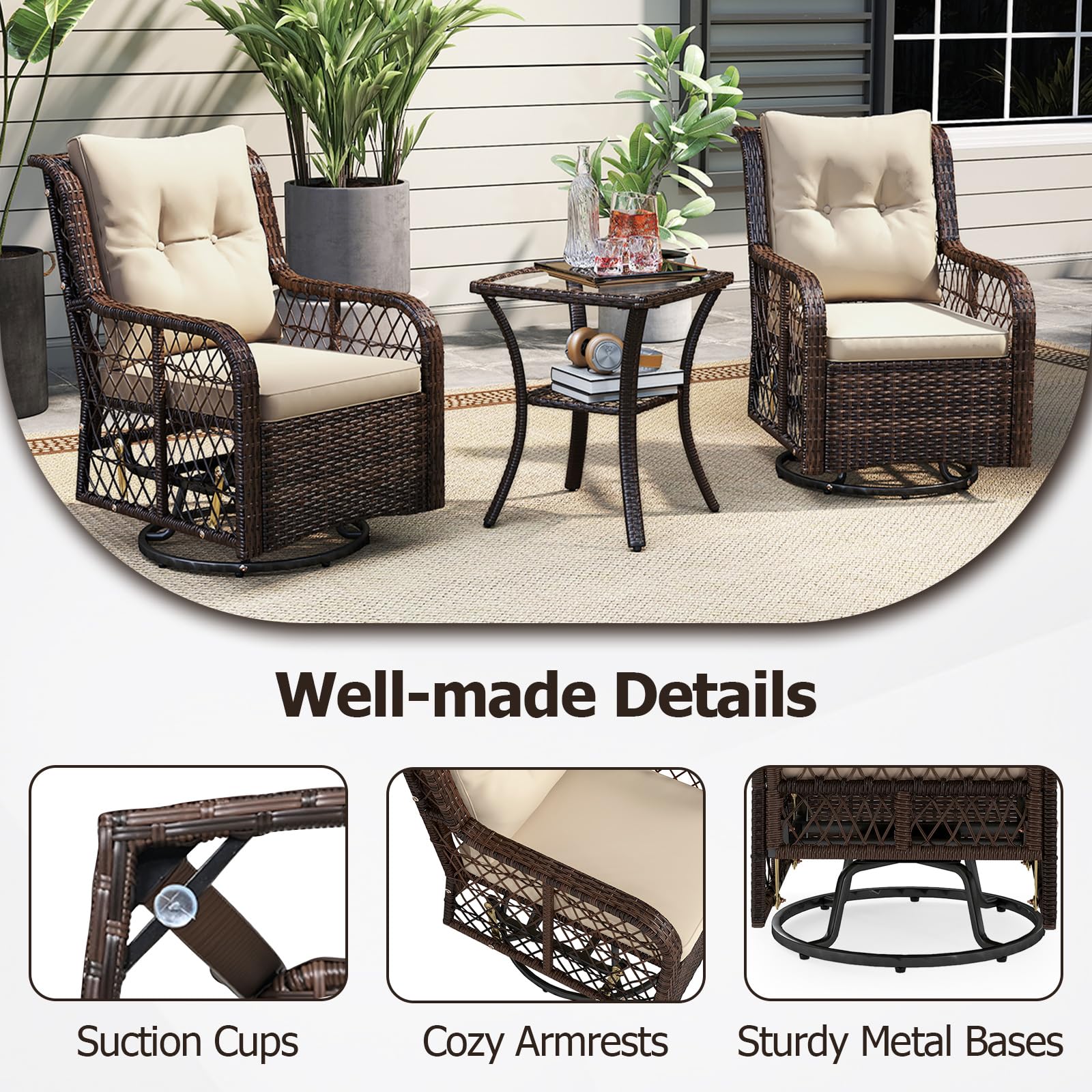 Outdoor furniture set with wicker chairs, table, and cushions on a patio.