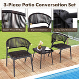 Tangkula 3 Piece Patio Rattan Furniture Set, Patiojoy Quick Dry Foam Padded Chairs w/Tempered Glass Tabletop