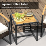 Tangkula 3 Piece Patio Conversation Set, includes 2 Rattan Chairs and Coffee Table, Solid Acacia Wood Armrests & Tabletop