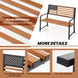 Tangkula 50” Outdoor Garden Bench, 2-Person Metal Patio Chair with Flag Pattern Backrest & Rustic Wood Grain Finish