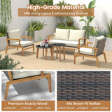 Tangkula 5 Piece Rattan Furniture Set, Patiojoy Wicker Sofa Set with Solid Acacia Wood Frame