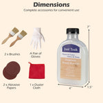 Wood care product set with brushes, gloves, abrasive papers, duster cloth, and a bottle labeled 'Just Teak'.