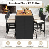 Tangkula 7 Piece Patio Wicker Bar Set, Patiojoy Outdoor Acacia Wood Bar Height Table & 6 Rattan Bar Stool Chairs