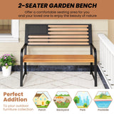 Tangkula 50” Outdoor Garden Bench, 2-Person Metal Patio Chair with Flag Pattern Backrest & Rustic Wood Grain Finish