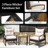 Tangkula 3 Piece Patio Conversation Set, includes 2 Rattan Chairs and Coffee Table, Solid Acacia Wood Armrests & Tabletop