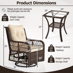 Product dimensions of a chair and table with weight capacity labels.
