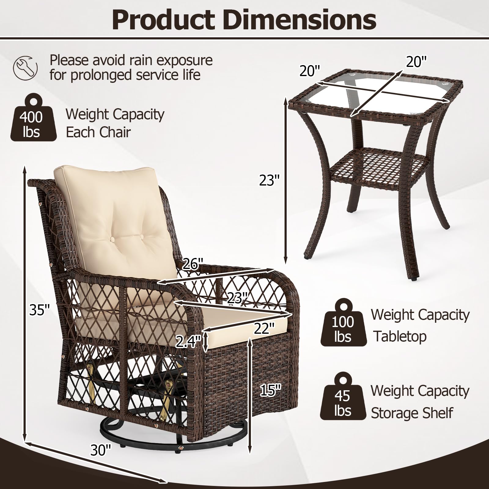 Product dimensions of a chair and table with weight capacity labels.