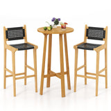 Tangkula 3 Piece Patio Bar Set, Teak Wood Bistro Furniture with Footrest, Round Cocktail Table with 2 Armless Rattan Bar Stools
