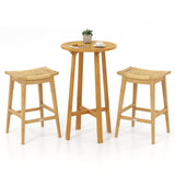 Tangkula 3 Piece Patio Bar Set, Teak Wood Bistro Furniture with Footrest, Round Cocktail Table with 2 Rattan Saddle Stools