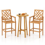 Tangkula 3 Piece Patio Bar Set, Teak Wood Bistro Furniture with Backrest, Armrests & Footrest