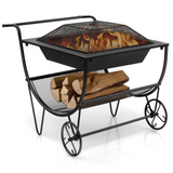 Tangkula Outdoor Fire Pit with Wheels and Firewood Log Rack, Patio Wood Burning Bonfire Pit with Storage Rack