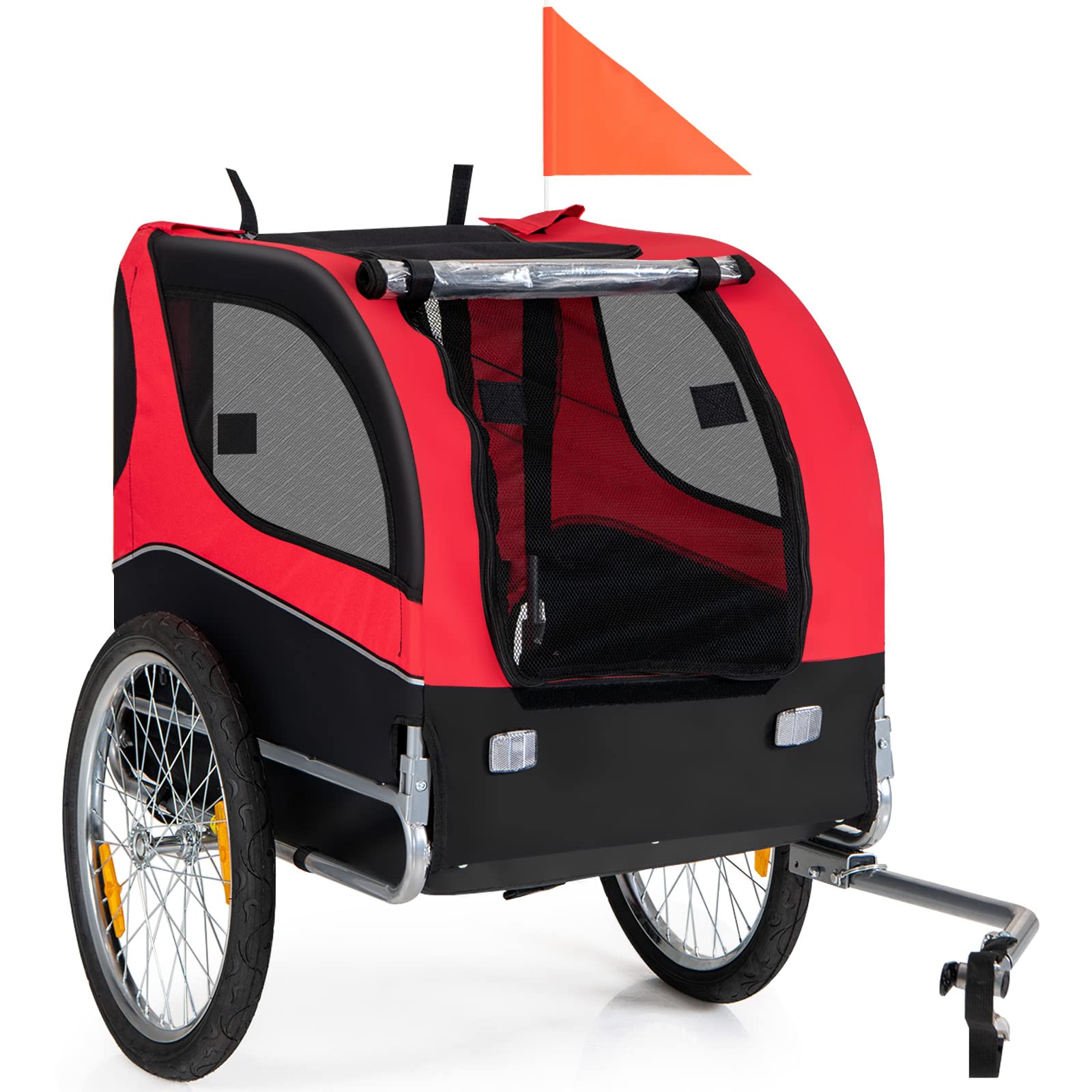 Tangkula Dog Bike Trailer, Breathable Mesh Dog Cart with 3 Entrances, Safety Flag