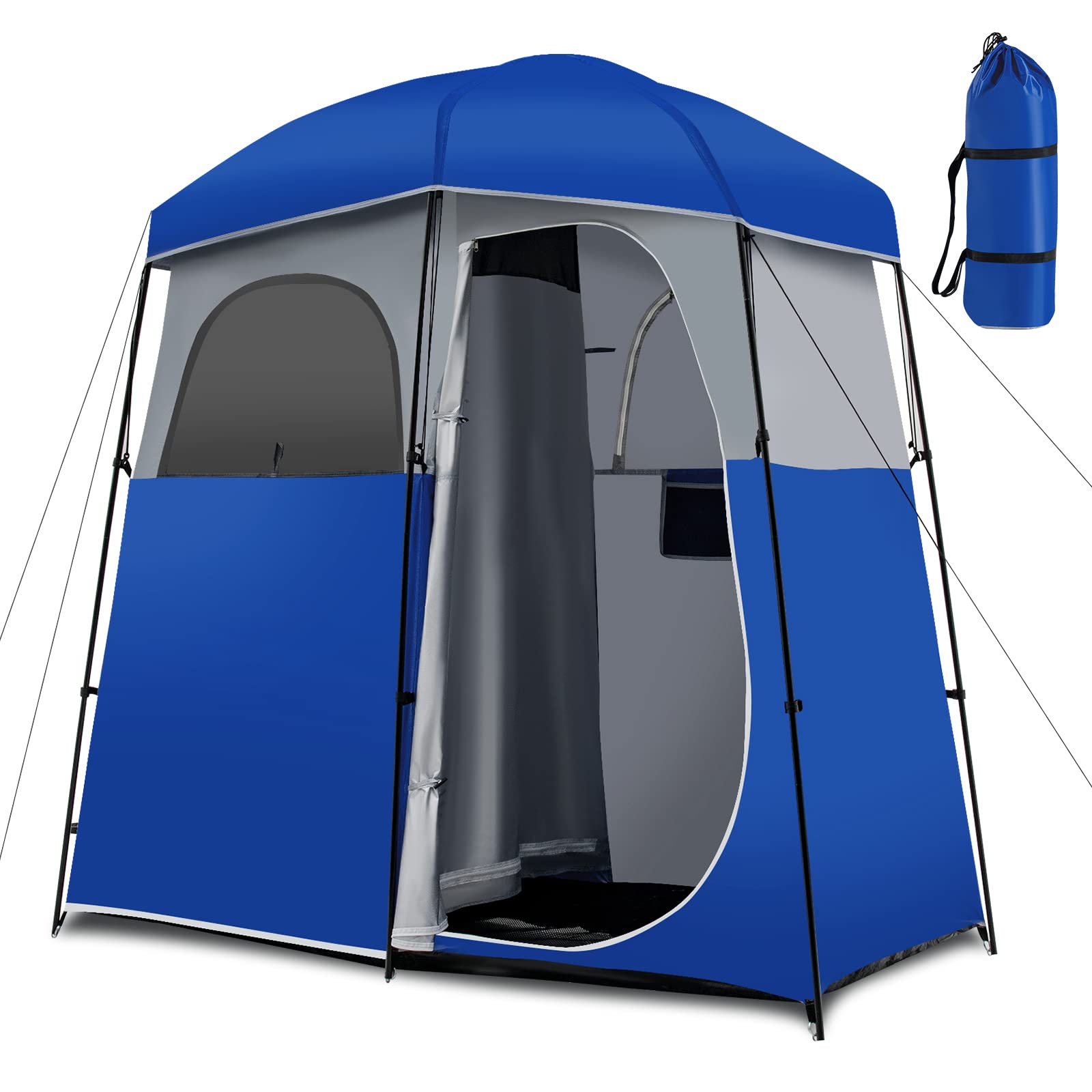 portable dressing room tent Double-Room Camping Toilet Tent with Floor and Portable Storage Bag-Blue