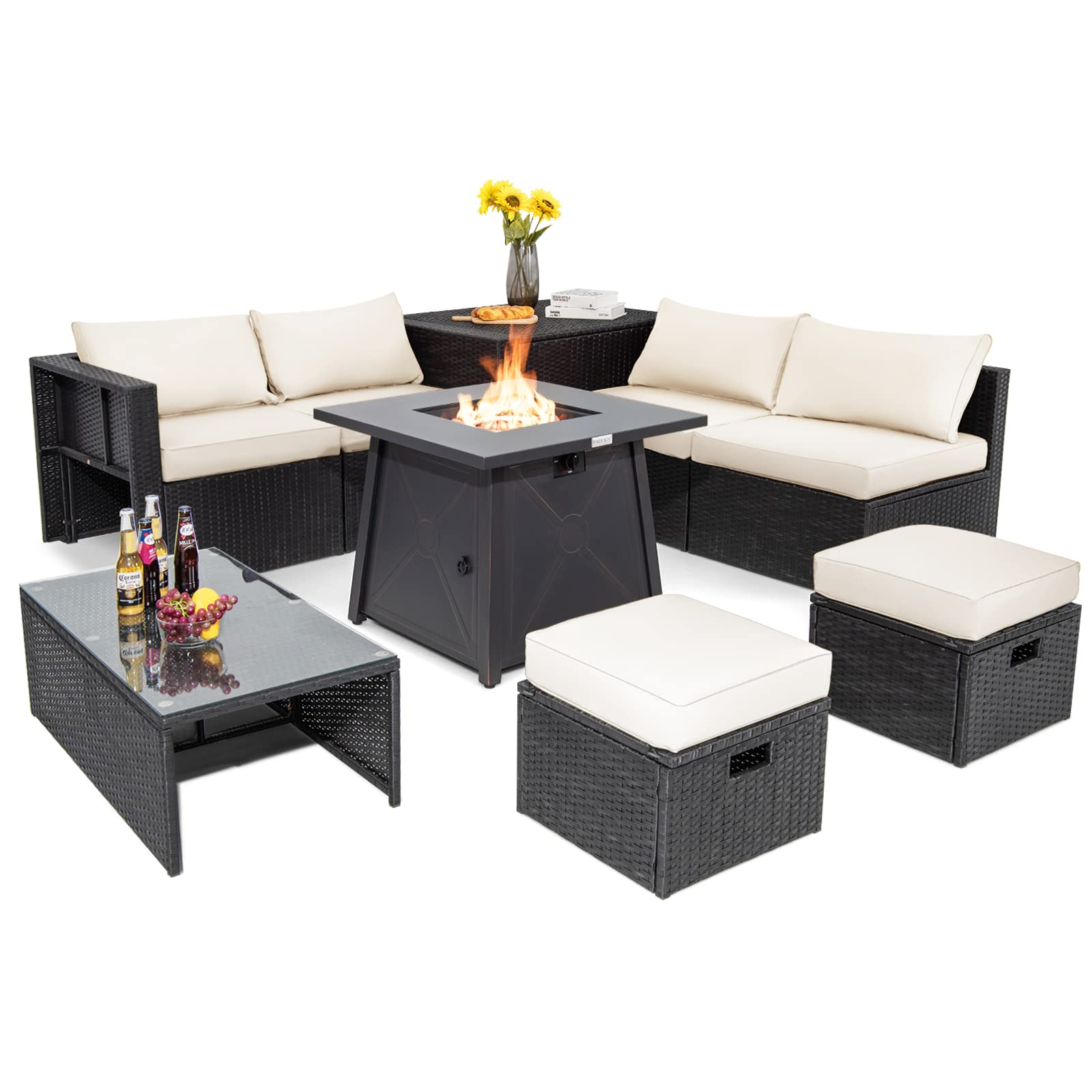 fire pit patio table with umbrella Tangkula 9 Pieces Furniture Set w/ 50,000 BTU Propane Fire Pit Table Patio Off White