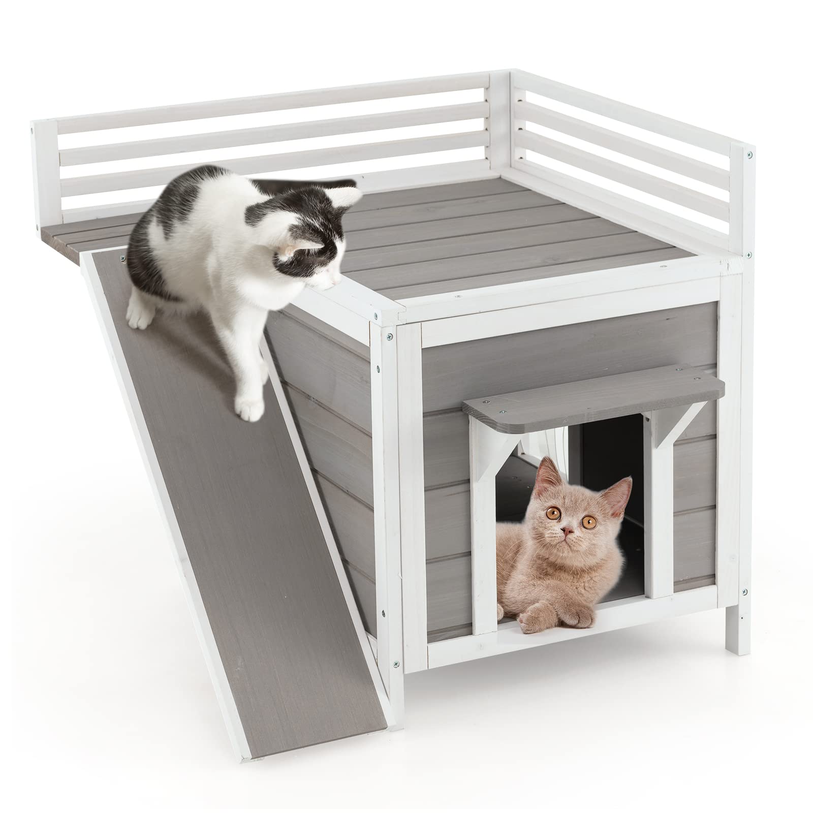 Tangkula 2 Story Outdoor Cat House Feral Kitty Houses with Escape Doors