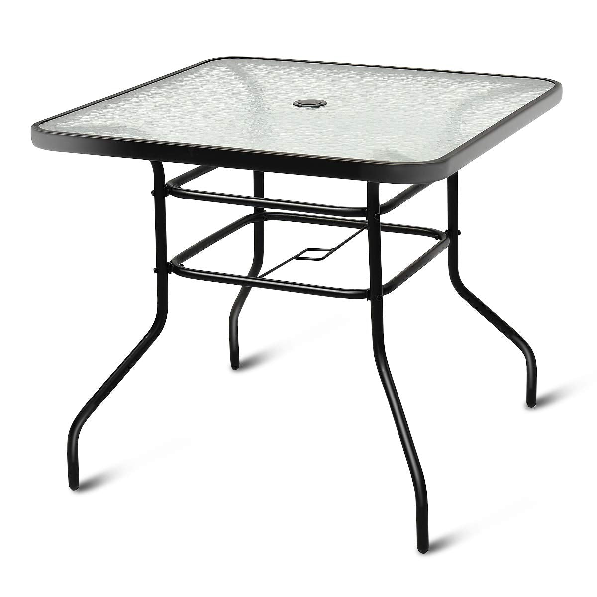 glass patio tables with umbrella hole Costway 32" Patio Square Table Tempered Glass Steel Frame Outdoor Pool Yard Garden Black