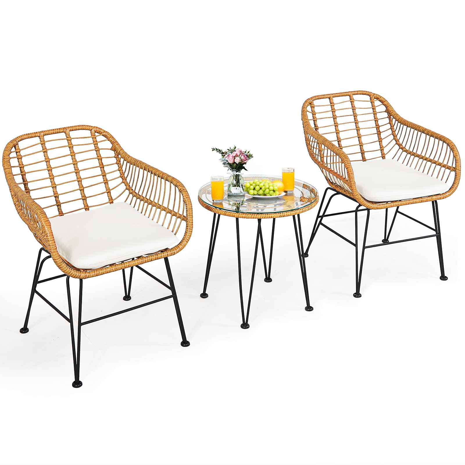 3 Pieces Patio Bistro Set, Rattan Conversation Set w/2 Armchairs & Glass Coffee Table, White