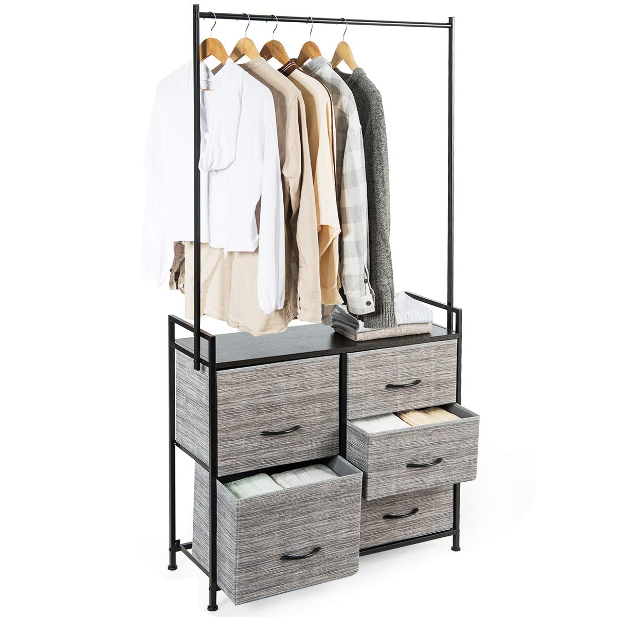 Fabric Drawer Dresser w/Clothes Rack, Storage Organizer with Metal Fra tangkula Fabric Drawer Dresser w/Clothes Rack, Storage Organizer with Metal Fra tangkula