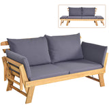 Tangkula Acacia Wood Patio Convertible Couch Sofa Bed with Adjustable Armrest
