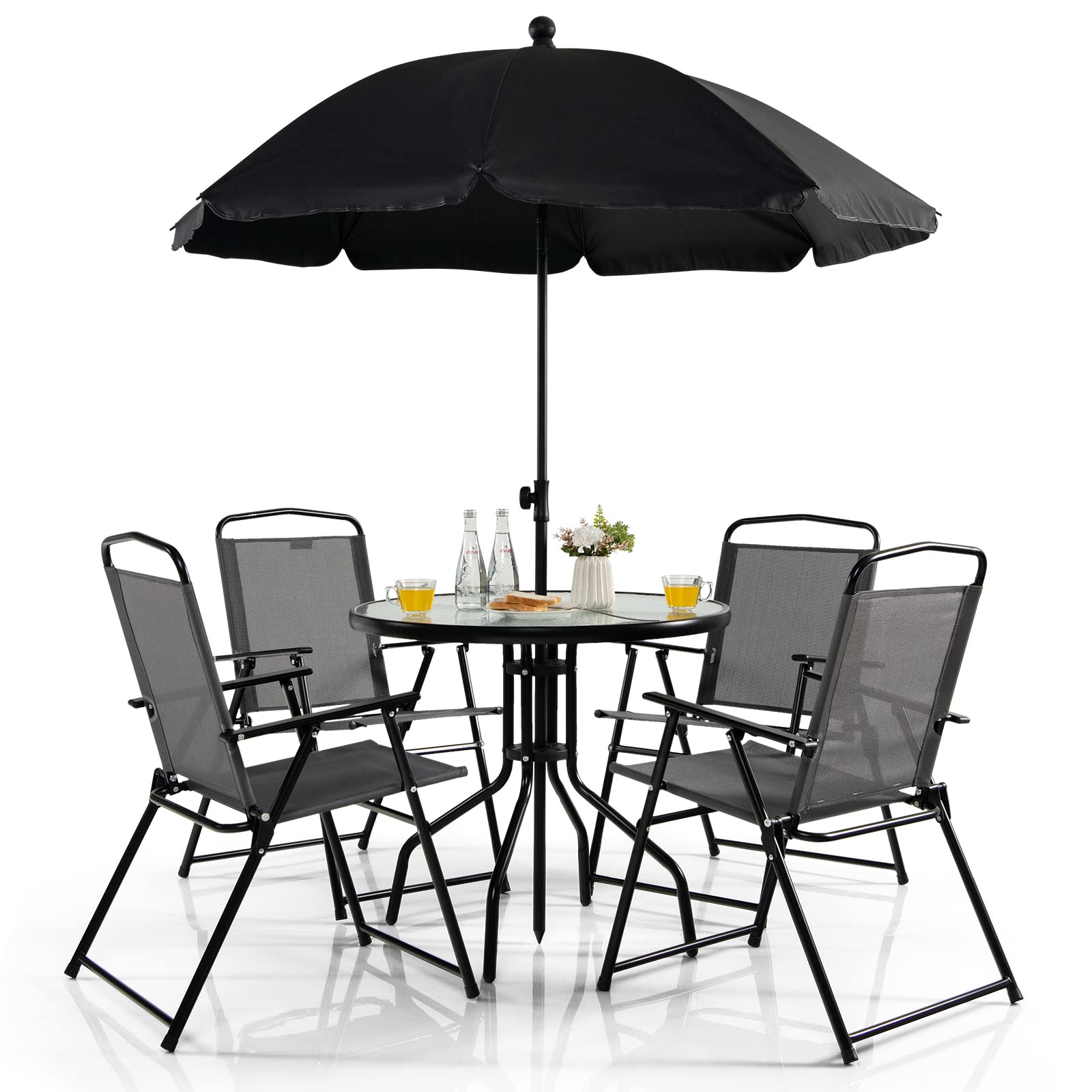 4 seat patio set with umbrella Costway 6 Pieces Patio Dining Set with Folding Chairs and Glass Table-Grey