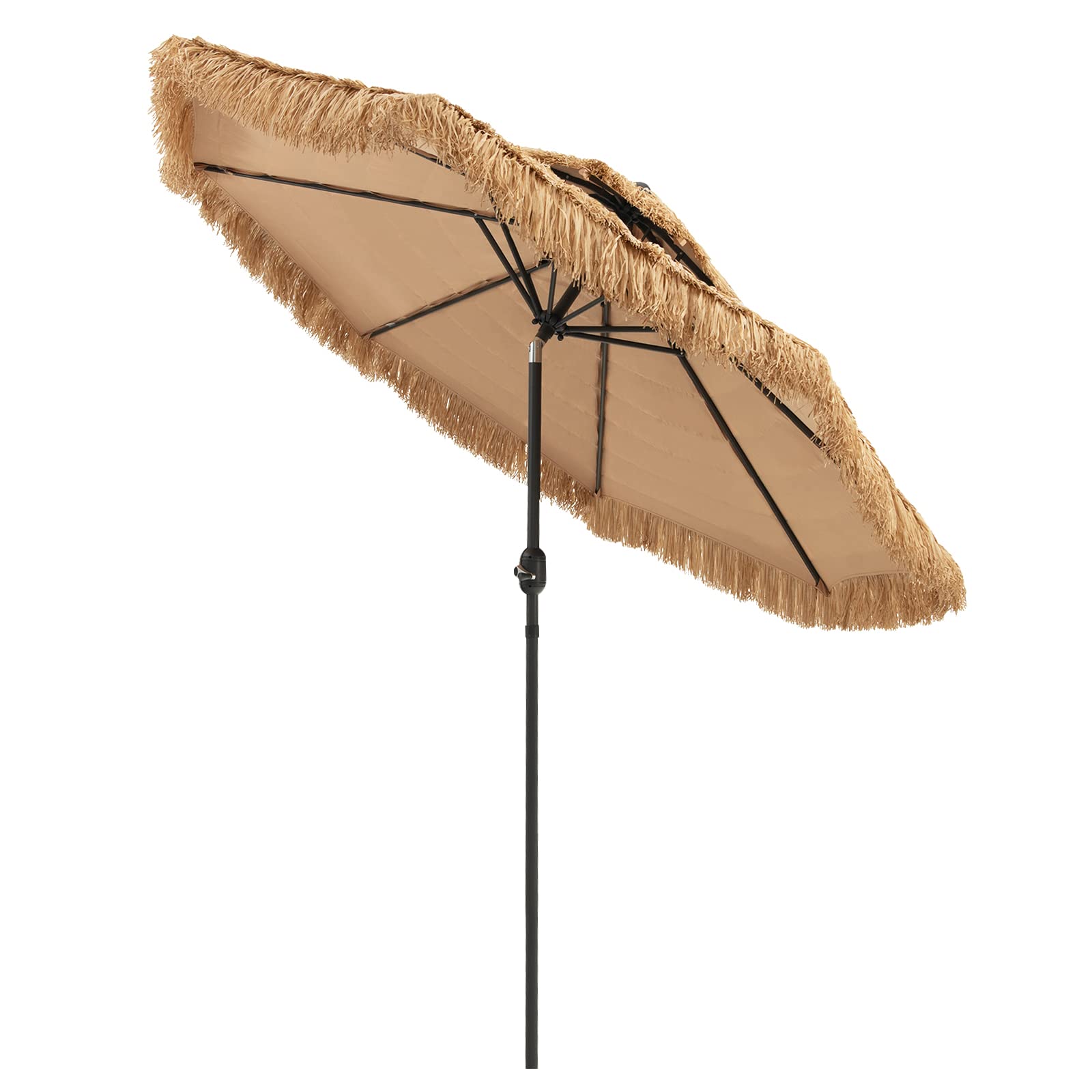 beach style patio umbrella Tangkula 9 ft Thatched Patio Umbrella, 2 Tier Hawaiian Style PE Grass Beach Umbrella with 8 Ribs, Tilt Adjustment, Manual Crank, Tiki Umbrella for