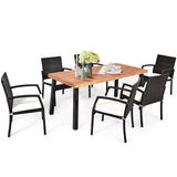 Tangkula 7 Pieces Outdoor Dining Set, Acacia Wood Patio Dining Table w/ 6 Cushioned Rattan Armrest Chairs