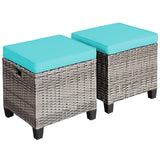 2 Pieces Patio Rattan Ottomans, Outdoor Wicker Footstool Footrest Seat with Soft Cushions and Steel Frame