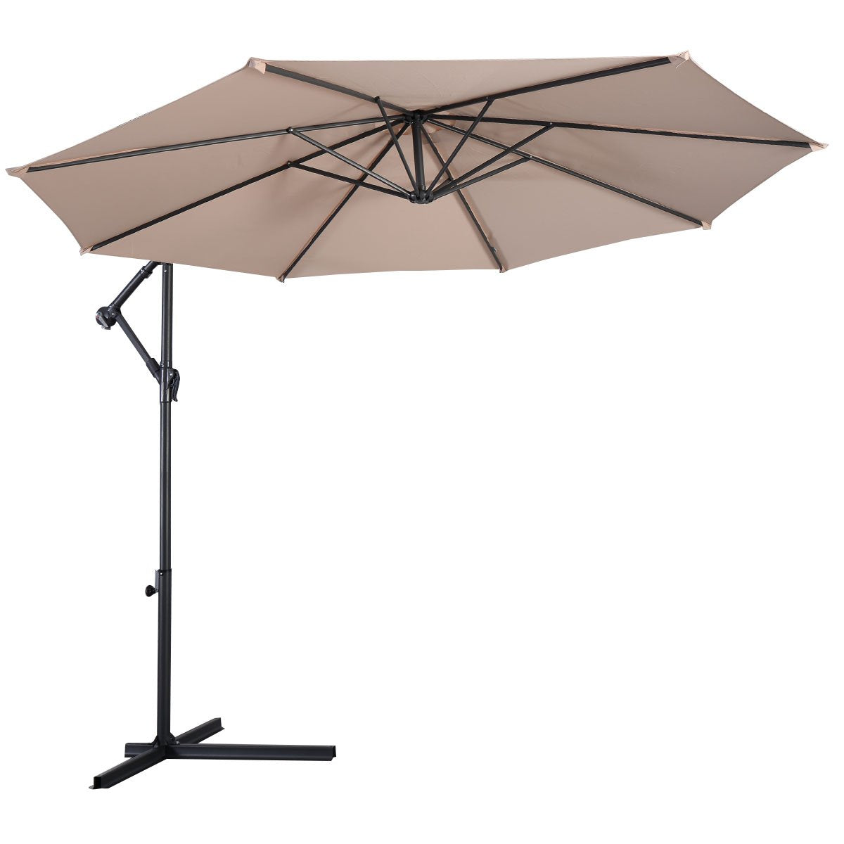 Tangkula Patio Umbrella, 10 ft Outdoor Offset Hanging Umbrella with Crank and Cross Base, Beige Tangkula Patio Umbrella, 10 ft Outdoor Offset Hanging Umbrella with Crank and Cross Base, Beige
