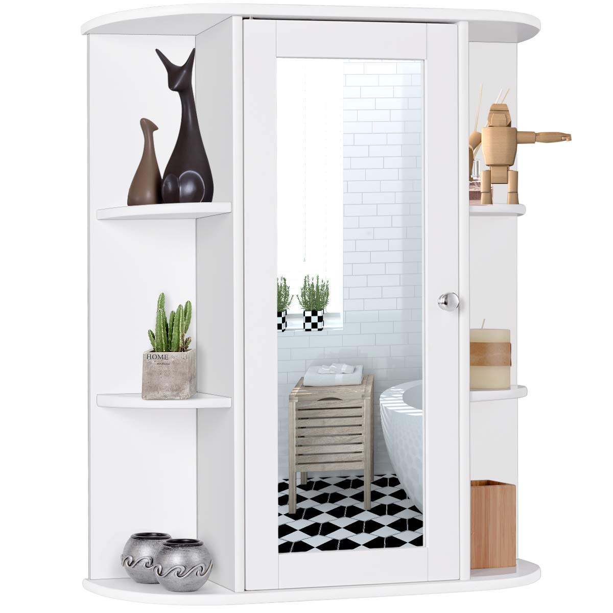 Wall Mount Bathroom Cabinet Wooden Medicine Cabinet Storage Organizer  Double Door with 2 Shelves, and Open Display Shelf