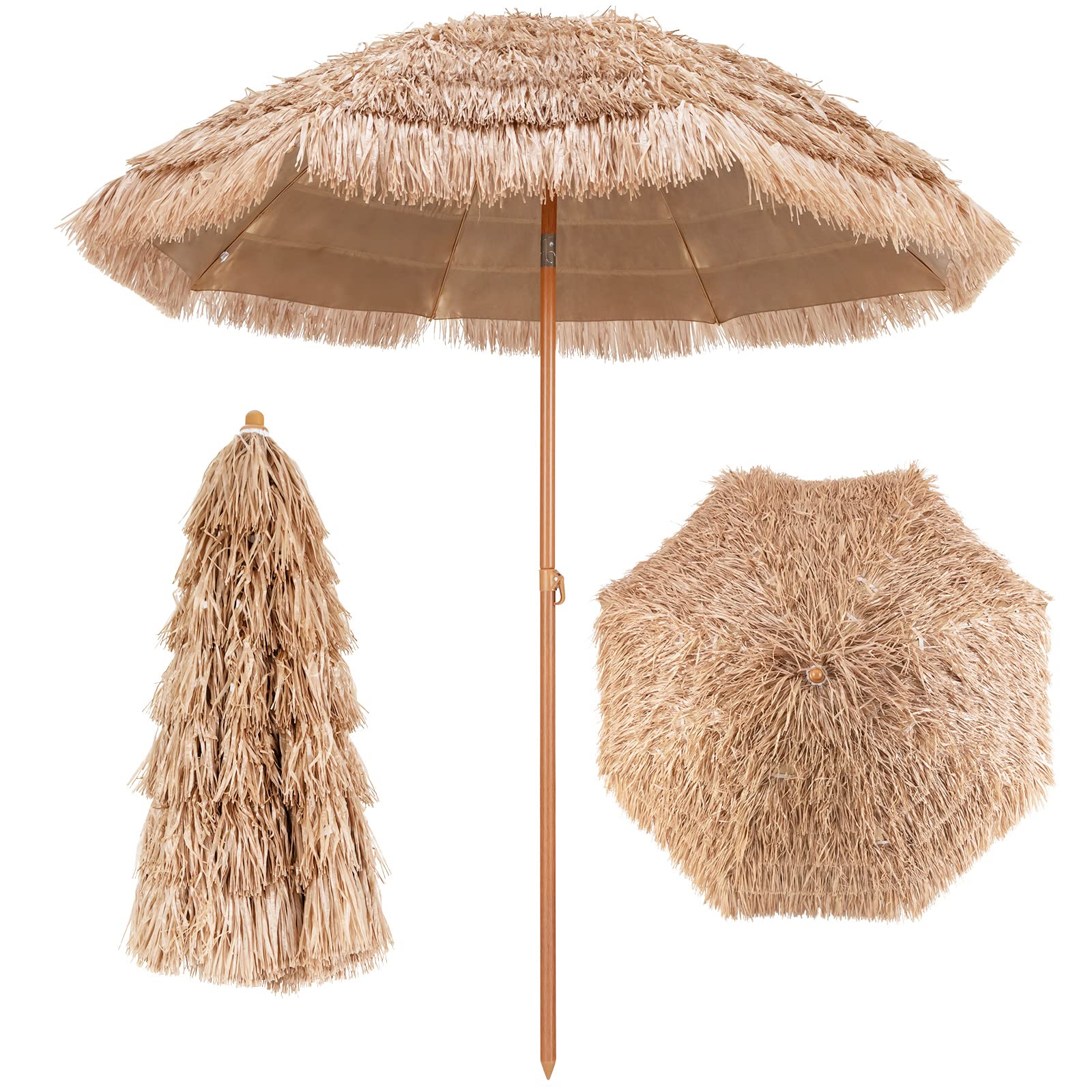 beach style patio umbrella 7.2 ft Thatched Tiki Umbrella, Hawaiian Style Hula Beach Umbrella w/Tilt