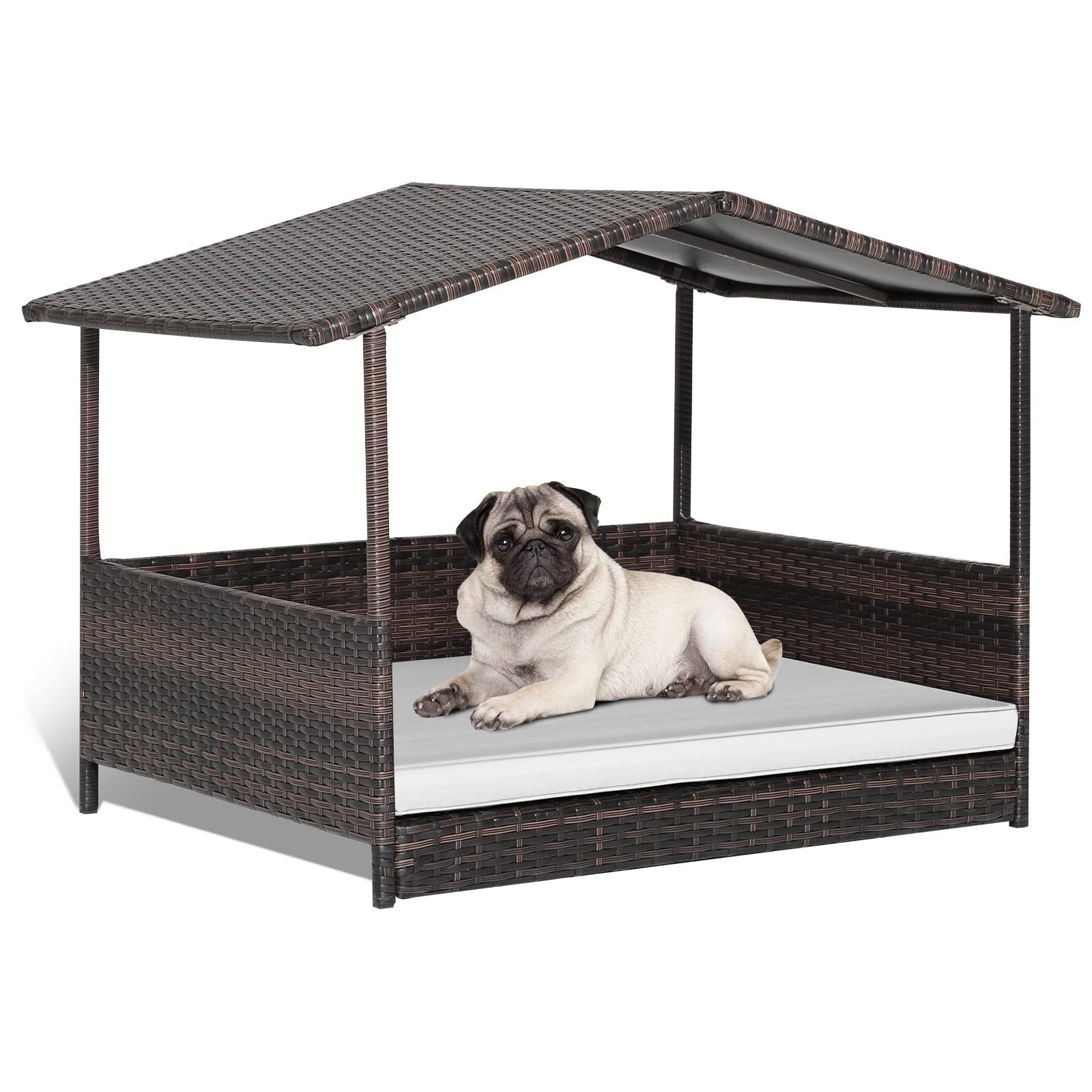 Tangkula Wicker Dog House, Indoor Outdoor Raised Rattan Dog Bed